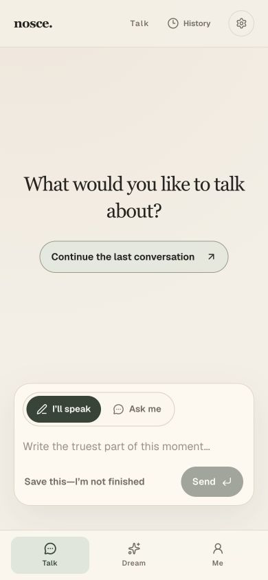 Nosce mobile product home for beginning a new conversation