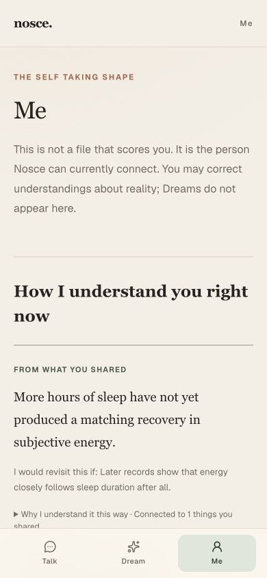 Nosce mobile Me page showing a source-grounded understanding